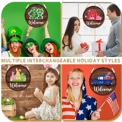 Sintuff 16 Pcs 12 Inch Magnetic Welcome Door Sign Interchangeable Front Door Wreath Decor Rustic Seasonal Hanging Sign Patriotic Summer Decor for Home Warming Gift(White Word, Brown Back)