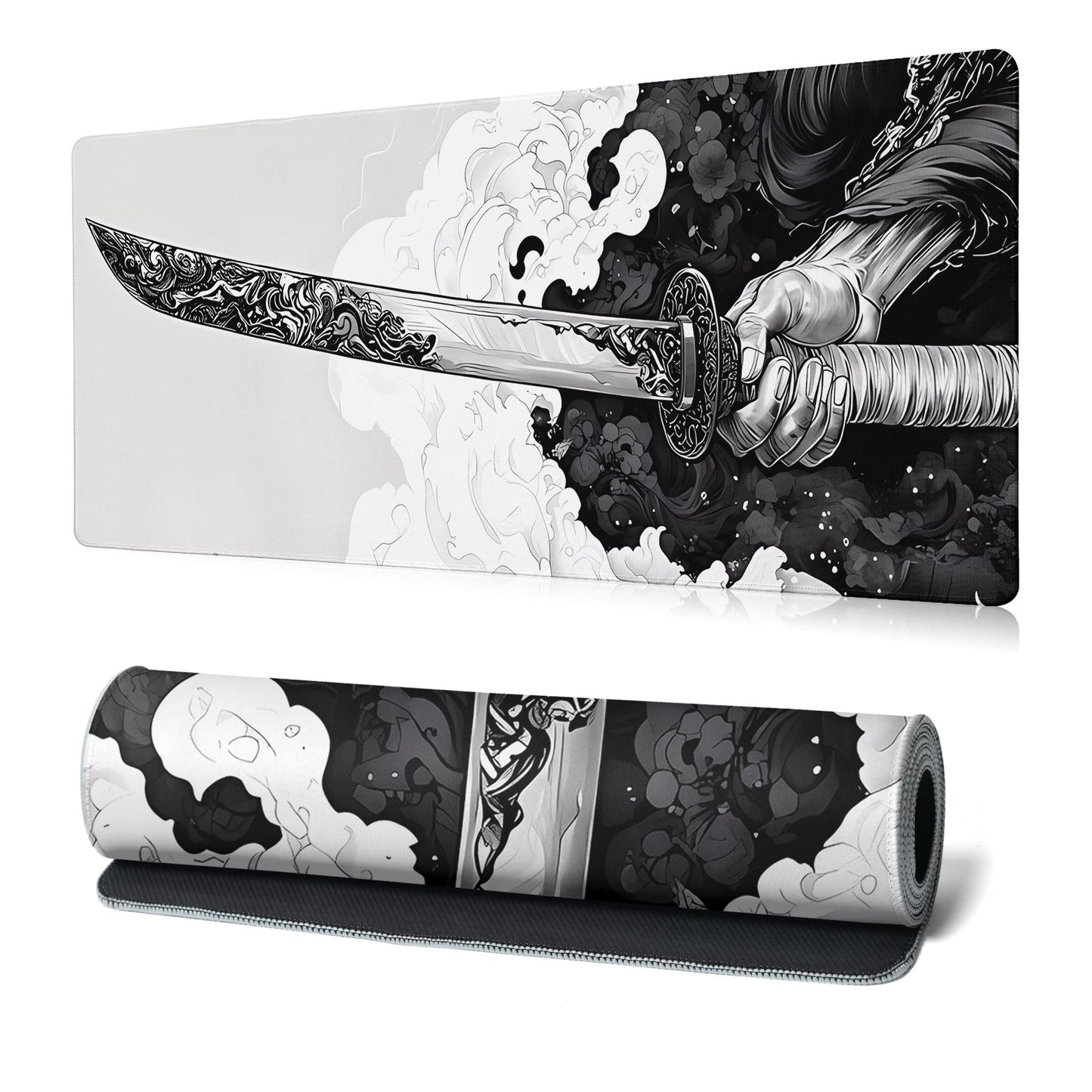 Katana Gaming Mouse Pad 31.5x11.8 Inch Large Black Long Extended Pads Big Mousepad Large Non-Slip Rubber Base Waterproof Big Keyboard Mat with Stitched Edges for PC Computer Laptop and Office