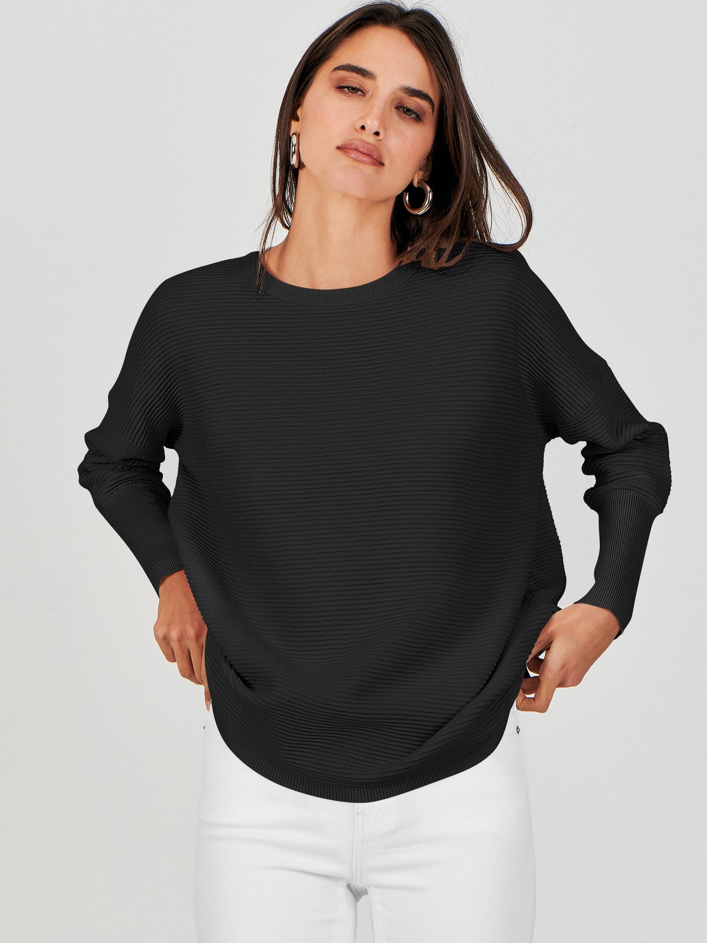 ANRABESS Womens Oversized Batwing Long Sleeve Ribbed Knit Sweaters 2025 Fall Outfits