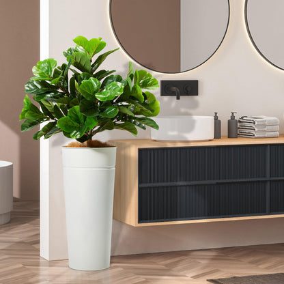 KOL 28" White Metal Planter Set, Galvanized Steel Plant Pots for Indoor Outdoor Decor with Artificial Olive Tree & Fiddle Leaf Fig, Faux Plants with Natural Coconut Fiber (Total Height 4.2FT)
