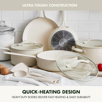 GreenPan Nova 10-Piece Nonstick Cookware Set, PFAS-Free Ceramic Pots & Pans with Silicone Cooking Utensils, Durable Fast Heating, Induction Ready, Oven Safe to 600°F, Dishwasher Safe, Cream White