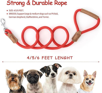 Mile High Life Leather Dog Leash, Heavy Duty Strong Genuine Leather Handle Rope Leash Soft and Comfortable for Small Medium Large Dogs (Red, 60 Inch)