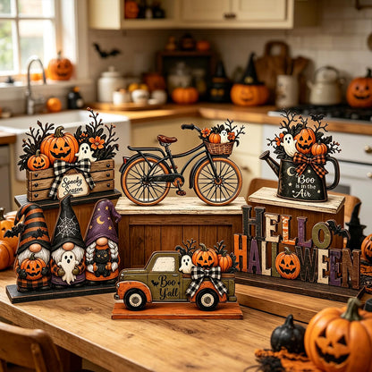 6 Pieces Halloween Decor Hello Halloween Table Topper Signs Spooky Pumpkin Ghost Gnome Truck Tiered Tray Centerpiece Farmhouse Halloween Wooden Tabletop Decorations for Indoor Home Kitchen Party