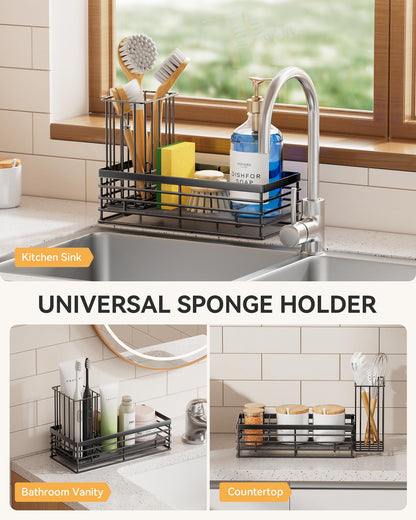 Yofidra Sponge Holder for Kitchen Sink, Sink Caddy Organizer with Stone Drying Mat, Kitchen Countertop Organizers and Storage Essentials, 304 Stainless Steel (Black, 9.29″ L)