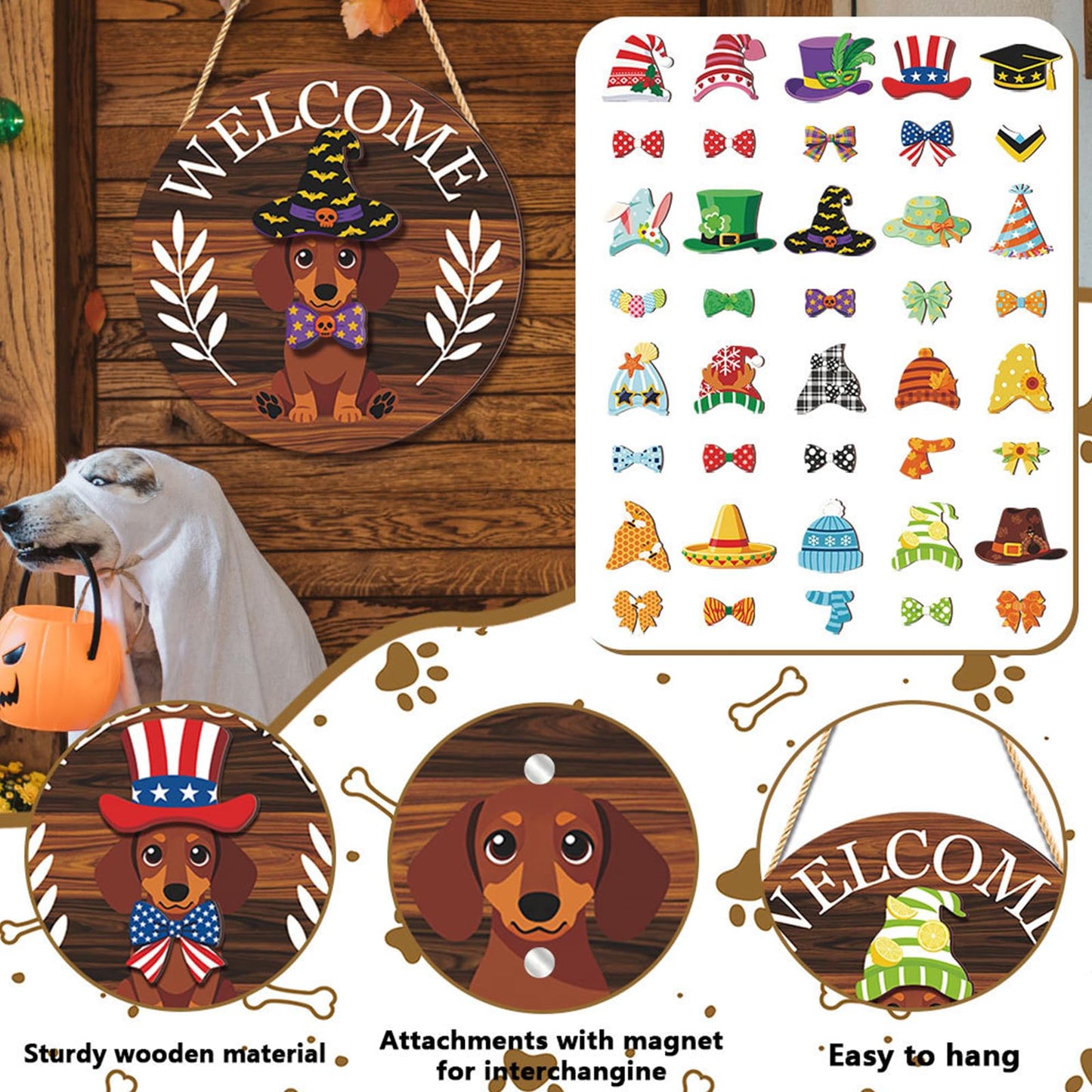 SYBOYEGE Animal-Shaped Round Interchangeable Welcome Sign, Interchangeable Door Sign with Magnetic Accessories & Detachable Hats and Clothes, Interchangeable Seasonal Decor for Easter, Valentines Day (Blue, MZ993A)