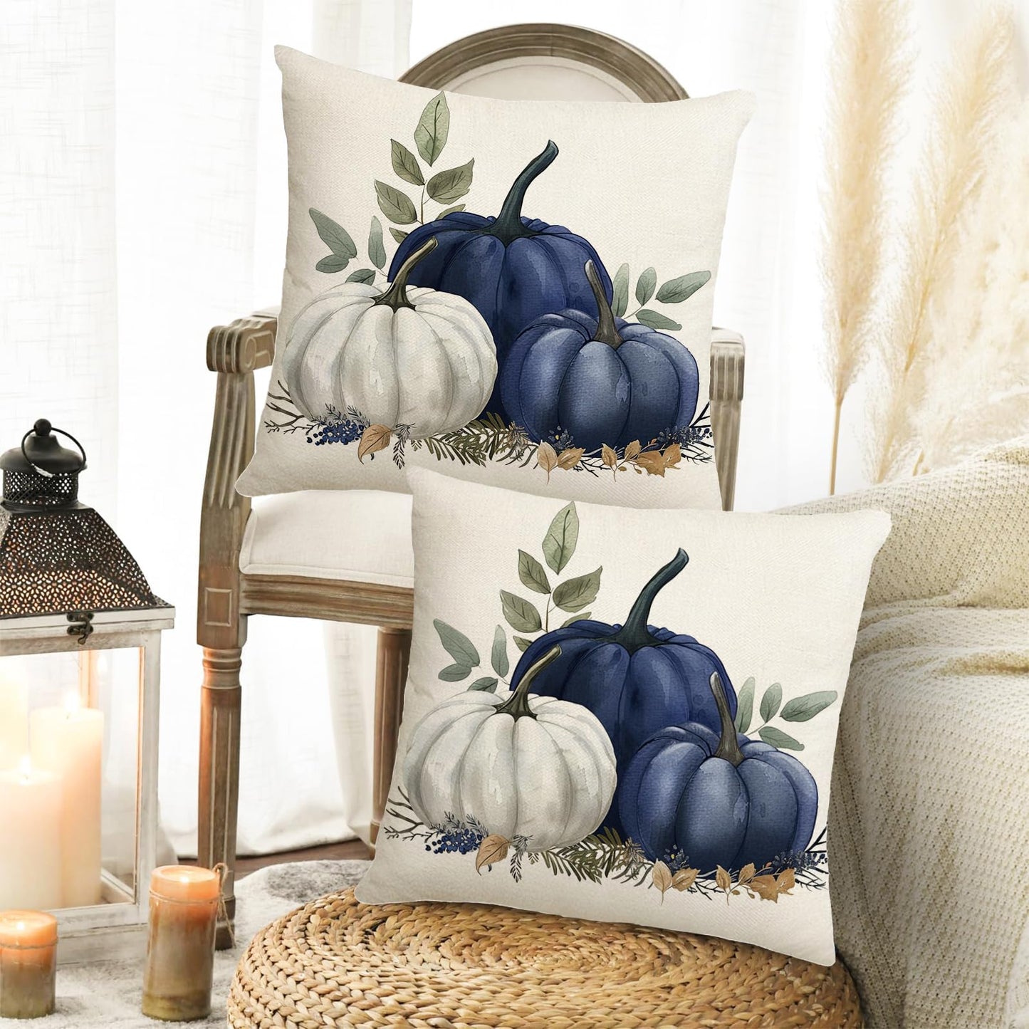 MAZSHTTD Pillow Cover Fall Blue Pumpkin Throw Pillow Covers 18x18 Inch Set of 2 Fall Autumn Decorations for Home Farmhouse Thanksgiving Halloween Pillow Case for Couch Sofa