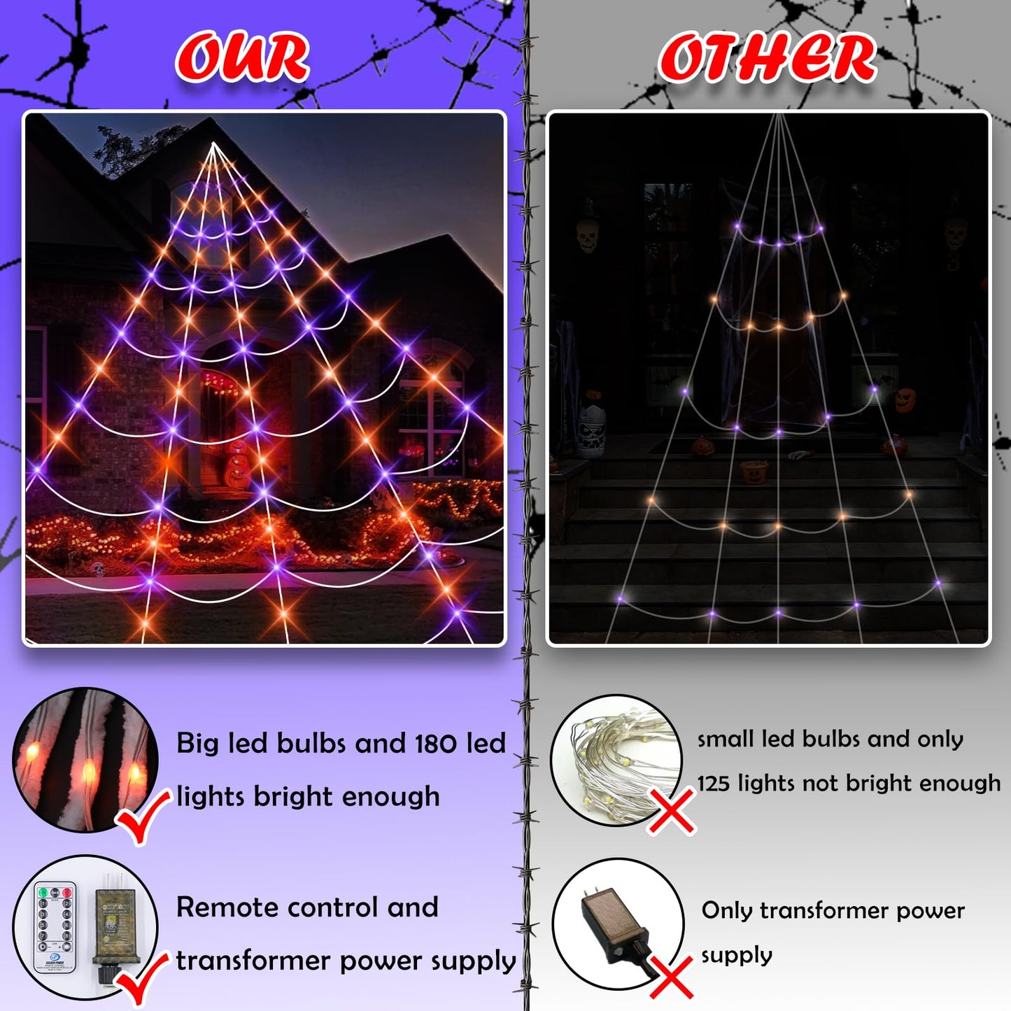 Kenburg 23Ft Light Up Spider Web Halloween Decorations Outdoor, 180 Orange and Purple LED Giant Web, 24 Spiders & 60g Stretch Cobweb Decor, 8 Modes Scary Lights for Outdoor Yard
