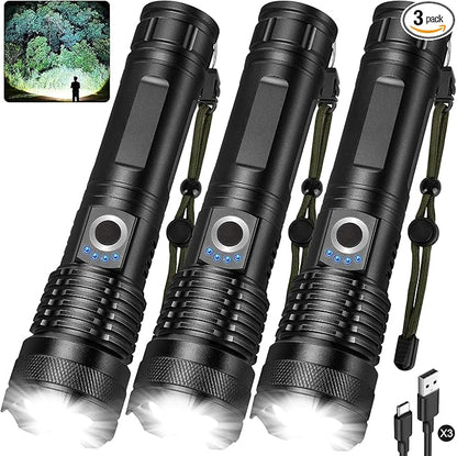 3 Pack Rechargeable LED Flashlights 990,000 Lumens, Adjustable, 5 Modes, IPX7 Waterproof, Powerful Handheld Flash Lights for Camping Hiking Emergency Home (M-3P)
