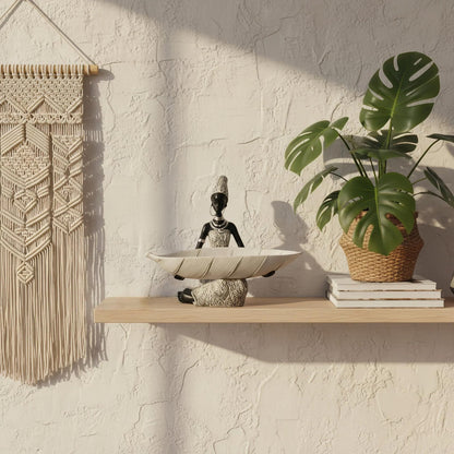 Lescafita African Woman Resin Tray Figurine, White Leaf Decorative Bowl Sculpture, Boho Tribal Art Statue for Jewelry Storage and Home Decor