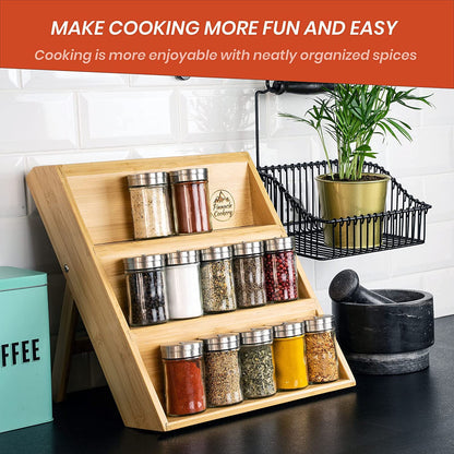 Pinnacle Cookery Bamboo Spice Rack Organizer for Countertop - Eco Friendly Seasoning Organizer 3-Tier Spice Shelf - Space Saving Wooden Spice Rack