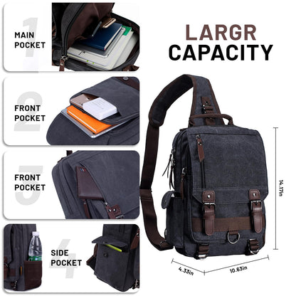 mygreen Crossbody Bag, Canvas Chest Leather Messenger Bag with One Strap Sling for Travel and Hiking (Large, Black)