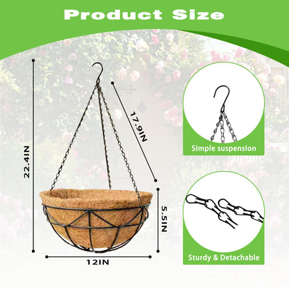 ZVOWOS 2 Pack 12 Inch Black Metal Hanging Basket Hanging Planter with Coco Coir Liner Heavy Duty Hanging Flower Pot Holder for Indoor Outdoor Patio Garden Porch Balcony Decor (Geometric)