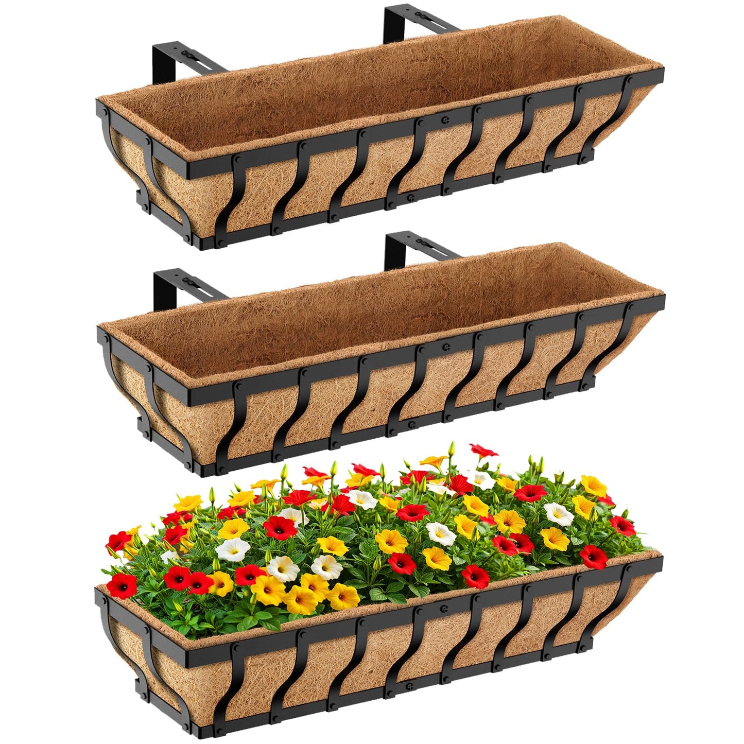 VOXOR Railing Planter Boxes, Heavy Duty Window Box Planters, Adjustable Balcony Planters for Railing Hanging, with Coco Liner & Support Rod for Deck, Porch, and Patio Gardening (3 Pack, 30 Inch)