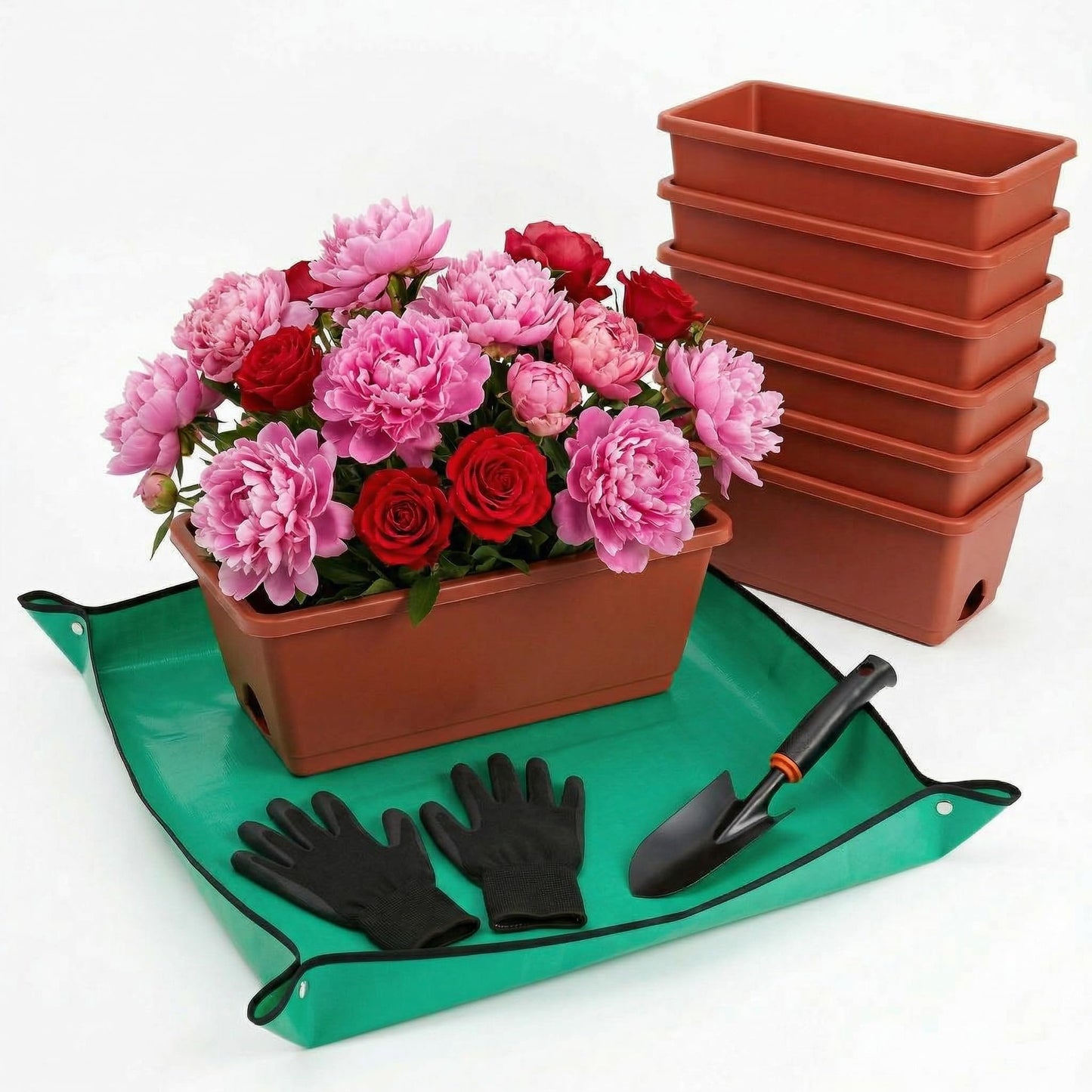 Yokodaza Red Window Box Planters, 7 Pack Rectangular Plastic Flower Planters Boxes with Saucers, 17 Inches Vegetable Planting Pots for Indoor Outdoor Garden, Patio, Windowsill, Home Decor