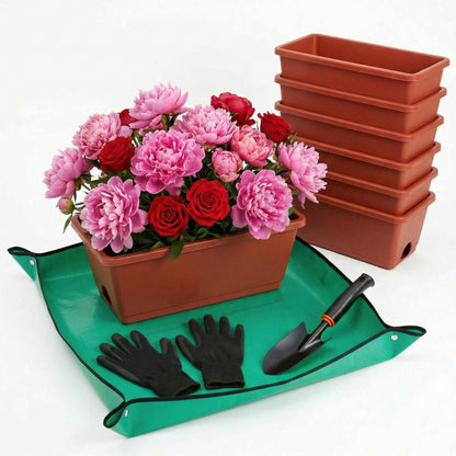 Yokodaza Red Window Box Planters, 7 Pack Rectangular Plastic Flower Planters Boxes with Saucers, 17 Inches Vegetable Planting Pots for Indoor Outdoor Garden, Patio, Windowsill, Home Decor