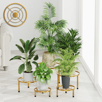 NQW 5 Pack Metal Potted Plant Stands,Flower Pot Stand Holder,Heavy Duty Plant Shelf for Multiple Plant,Rustproof Planter Container Round Supports Display Rack for Home(GoldCircle)