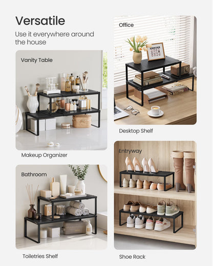 SONGMICS Spice Racks, Set of 2 Expandable Kitchen Countertop Shelves, Small Cupboard Organizers, Metal, Space-Saving Tabletop Shelves, Matte Black UKCS402B01