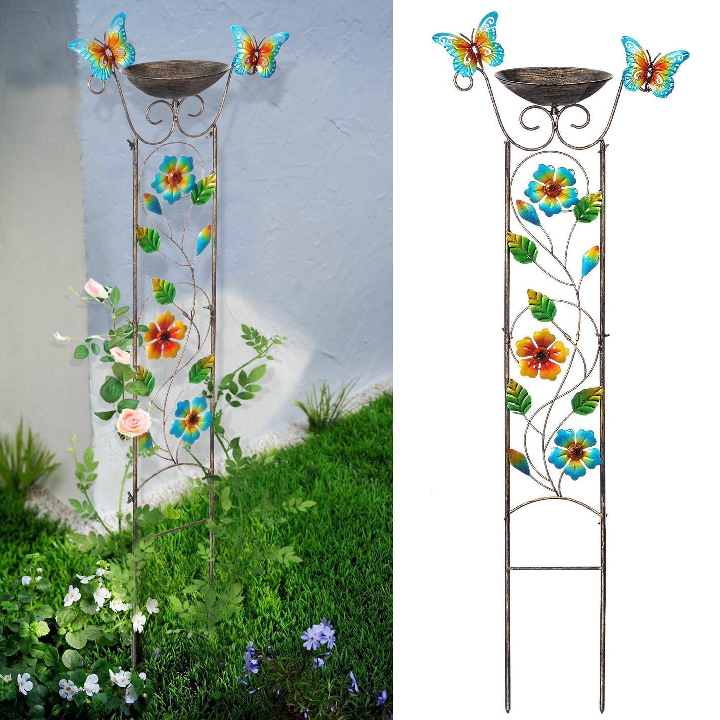 SUNNYPARK Bird Bath with Trellis Outdoor, Antique Garden Iron Plant Trellis with Decorative Floral-Butterflies Detachable Bird Bath Bowl Metal Potted Plants Support for Climbing Flowers