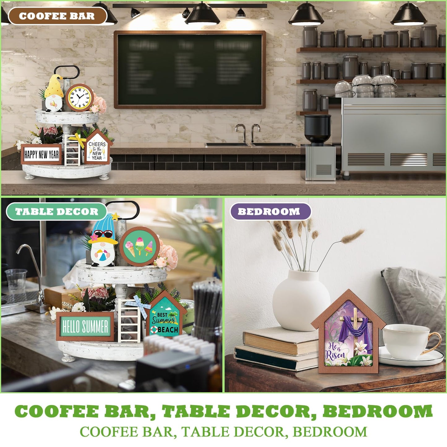 Lineshading 65 Pcs Interchangeable Seasonal Tiered Tray Decor Set Patriotic Farmhouse Summer Tiered Decorations Holiday Rustic Wooden Frames Arch Ladders Cards Bow Knot for Home Kitchen Table Decor