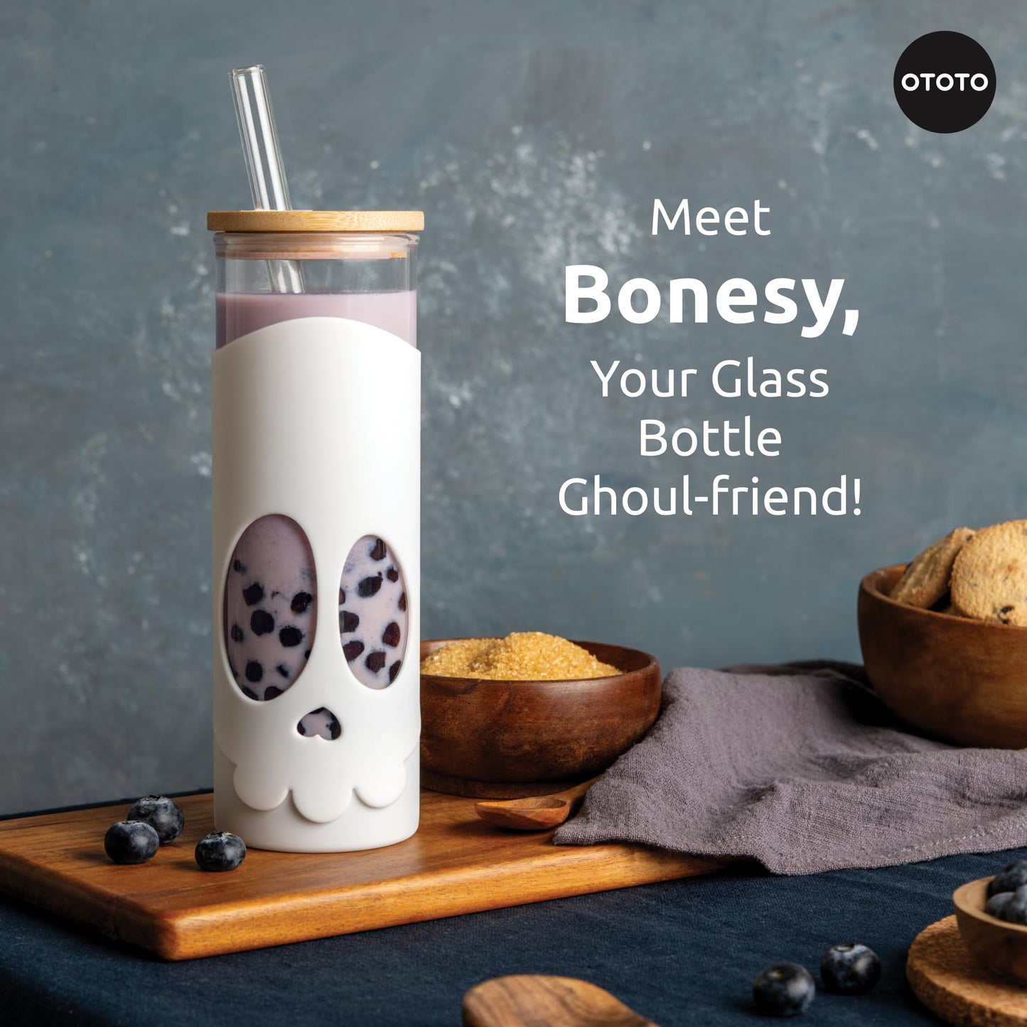 OTOTO NEW Bonesy Glass Tumbler with Straw and Lid - 16.90oz Cute Water Bottle Tumblers, Goth Accessories, Spooky Gifts, Halloween, Skull Glass Cup with Lid and Straw, Goth Gifts (White)