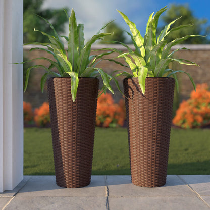 Balkene Home Noah Round Wicker Planter Tall Planter Decor Box for Adaptable Outdoor Furnishings All Weather Versatile Perfect Patio Herb Garden Living Space - 2 Piece Set - Mocha