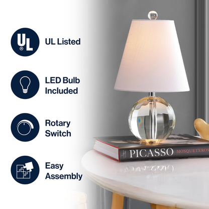 JONATHAN Y 16" Clear Crystal Ball LED Table Lamp, White Modern Bedside Lamp, with White Linen Empire Shade, Glam Orb Glass Nightstand Lamp for Living Room, LED Bulb JYL2079A