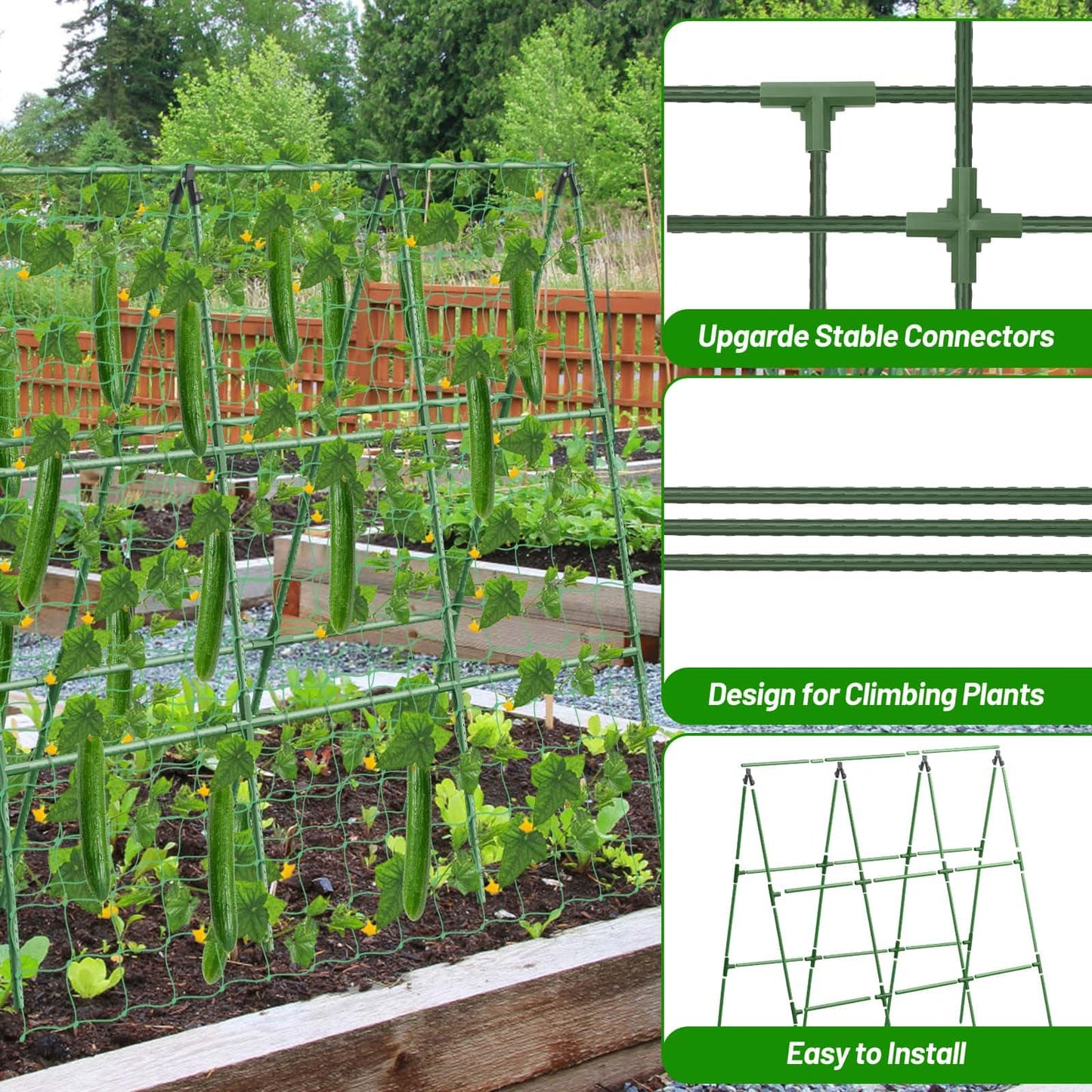 Cucumber Trellis with 46 Gallon Grows Bag, 50 x 54 Inches A Frame Outdoor Greenhouse Trellis and Fabric Raised Bed, Climbing Net and Plant Support Clips for Bean Climbing Plants