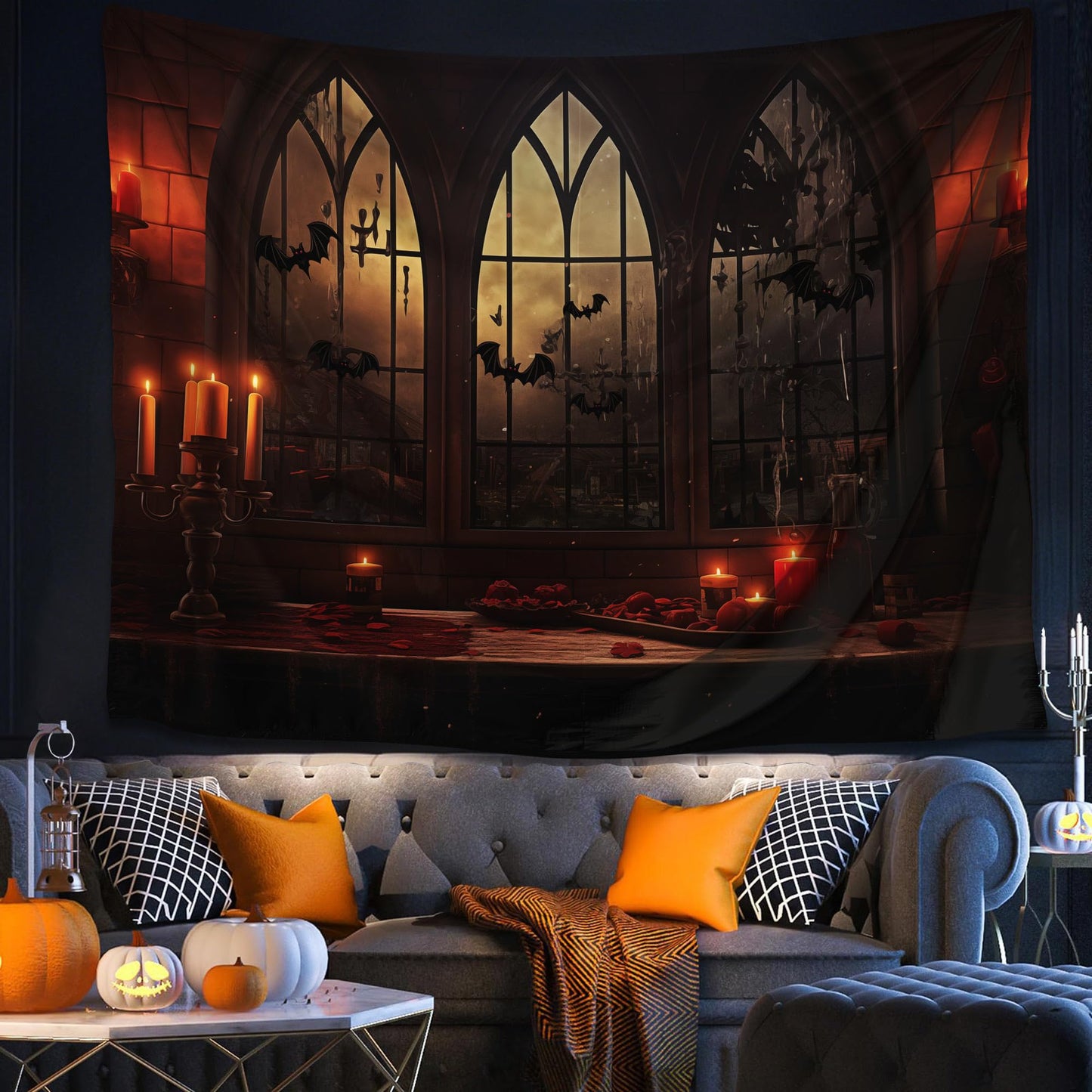 QGHOT Halloween Tapestry Wall Hanging Horror Castle Window Tapestry Gothic Spooky Backdrop Vampire Medieval Tapestries for Bedroom Living Room Dorm Wall Art Decor (90.6"x70.9")