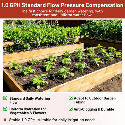 50 PCS 1 GPH Pressure Compensating Drip Irrigation Spot Watering Dripper, Standard Flow Drip Irrigation Emitters Heads for Vegetables Flowers Irrigation Drippers Parts for Outdoor Garden Beds Balcony