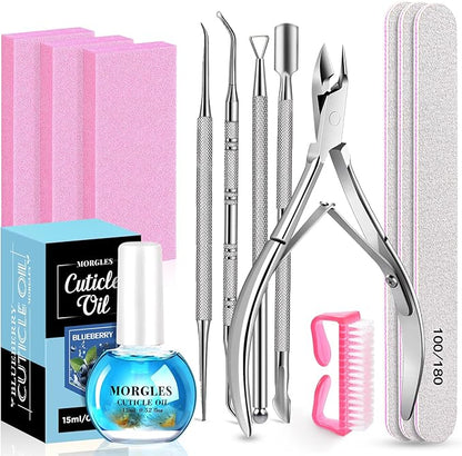 MORGLES Nail Files and Buffers Set, Manicure Kit for Women with Blueberry Cuticle Oil, 13 Pcs Nail Care Kit with Cuticle Trimmer and Pusher