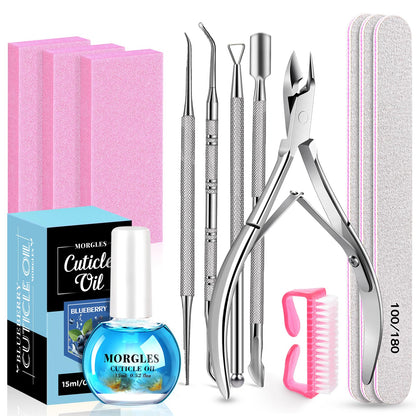 MORGLES Nail File and Buffer Blocks with Nail Care Kit, 13 Pcs Manicure Kit for Women with Milk and Honey Cuticle Oil and Cuticle Trimmer Set