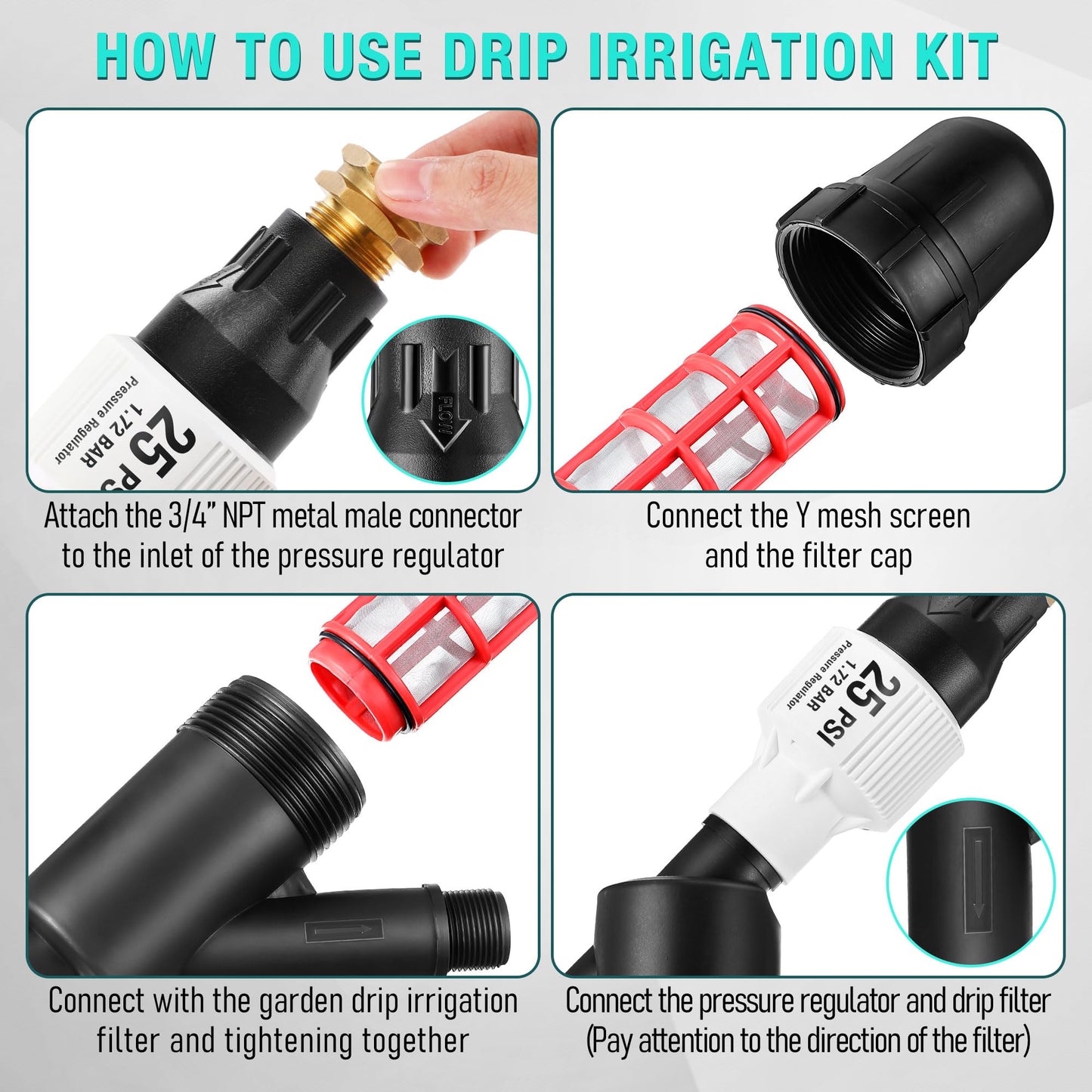 Aurelema Drip Irrigation Pressure Regulator and Filter, 25 PSI Water Backflow Preventer for 3/4'' Garden/Faucet Hose Thread and Drip Irrigation Inline Y Filter, 3/4" x 3/4" FHT Hose Thread Connections