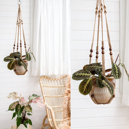 Mkono Macrame Plant Hangers Indoor Jute Hanging Planter Basket and Ceiling Hooks, Wood Beads Decorative Flower Pot Holder for Indoor Outdoor Boho Home Decor,Brown，Set of 2