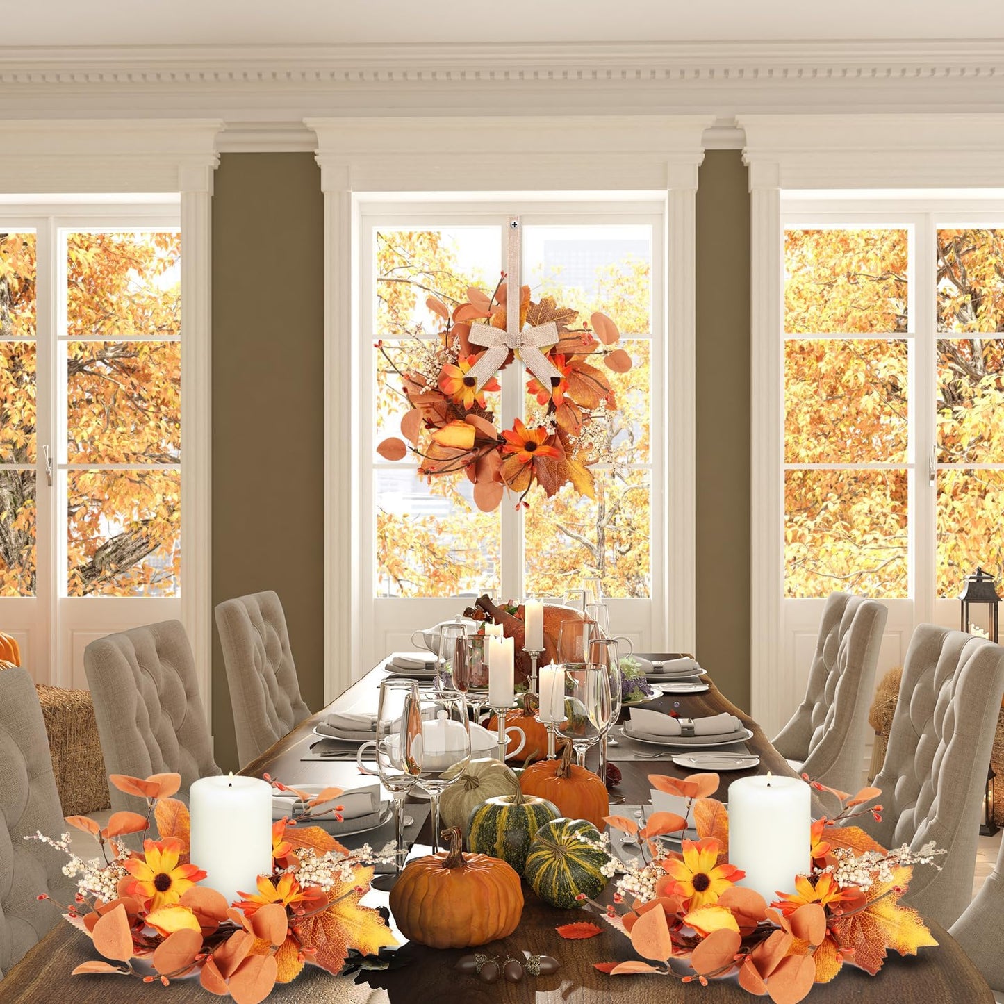 6 Pcs 3 Inch Fall Floral Wreaths Autumn Harvest Sunflowers Pumpkins Leaves Berries Hanging Candle Rings Wreath Mini Thanksgiving Table Centerpiece Wreath for Pillar Cabinets Farmhouse Decoration