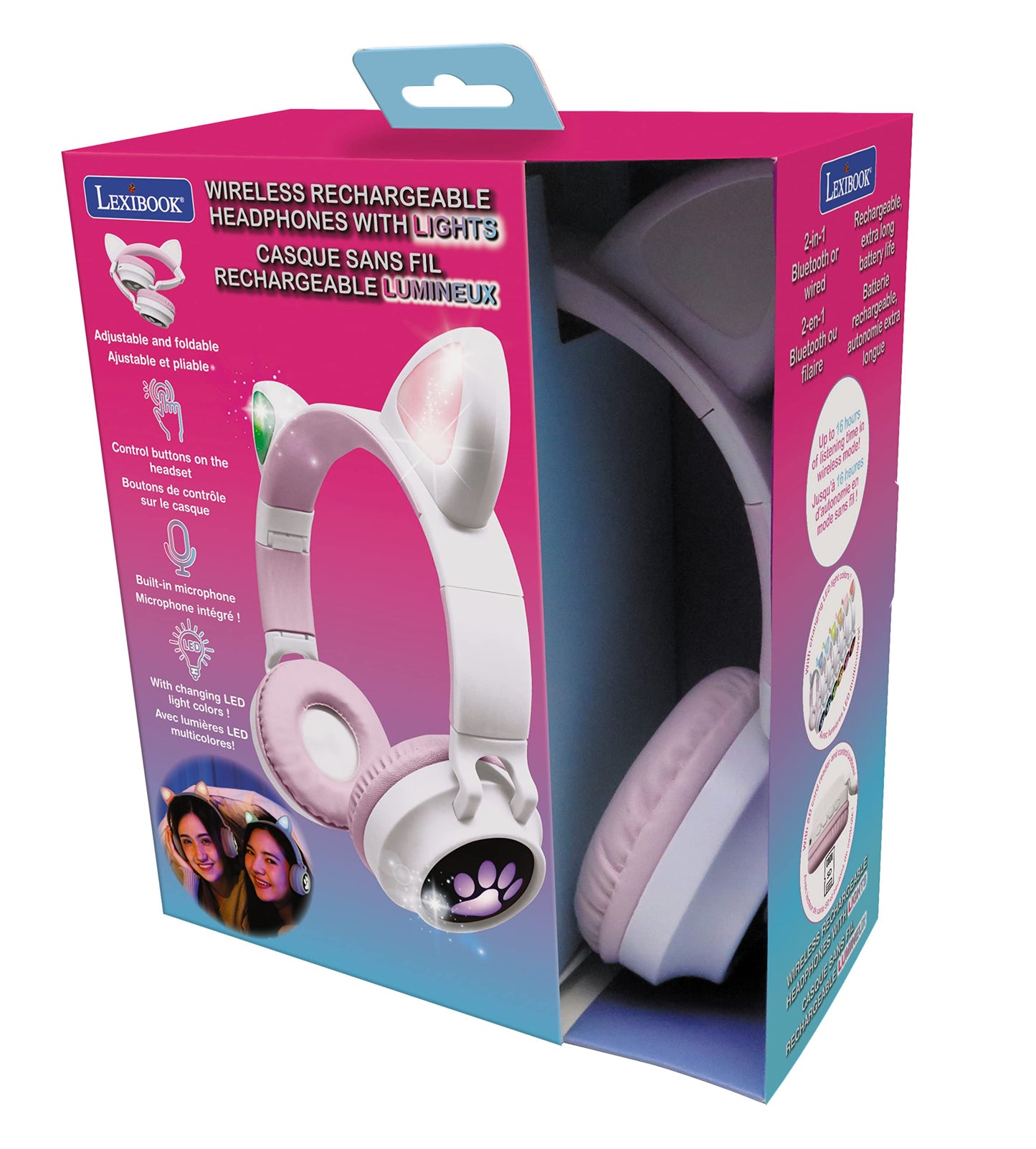LEXiBOOK - 2-in-1 Wireless Rechargeable Headphones with Lights - Stereo Sound, Wireless Wired, Foldable, Adjustable, LED Lights - HPBTKT