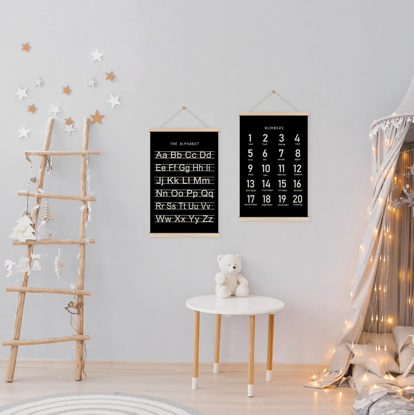 HRQKO Black Alphabet Numbers Poster Hanger Frame Set of 2, Nursery Wall Decor, ABC Poster Wall Art with Wooden Frames, Alphabet Banner Wall Hanging Decor for Playroom Boy Toddler Room, 16x24 inch