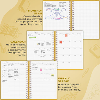 Clever Fox Teacher Planner Spiral – School Year Planner with Calendars & Lesson Plans – Teacher Plan Book for Classroom & Homeschool Organization - Undated, 7.9x10″ (Amber Yellow)