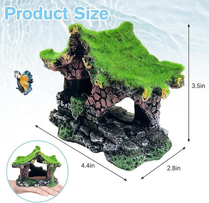 Hamiledyi Resin Hollow Hideout House for Aquarium Decoration Fish Tank Accessories Betta Cave with Lifelike Moss for Shrimp Fish Shelter