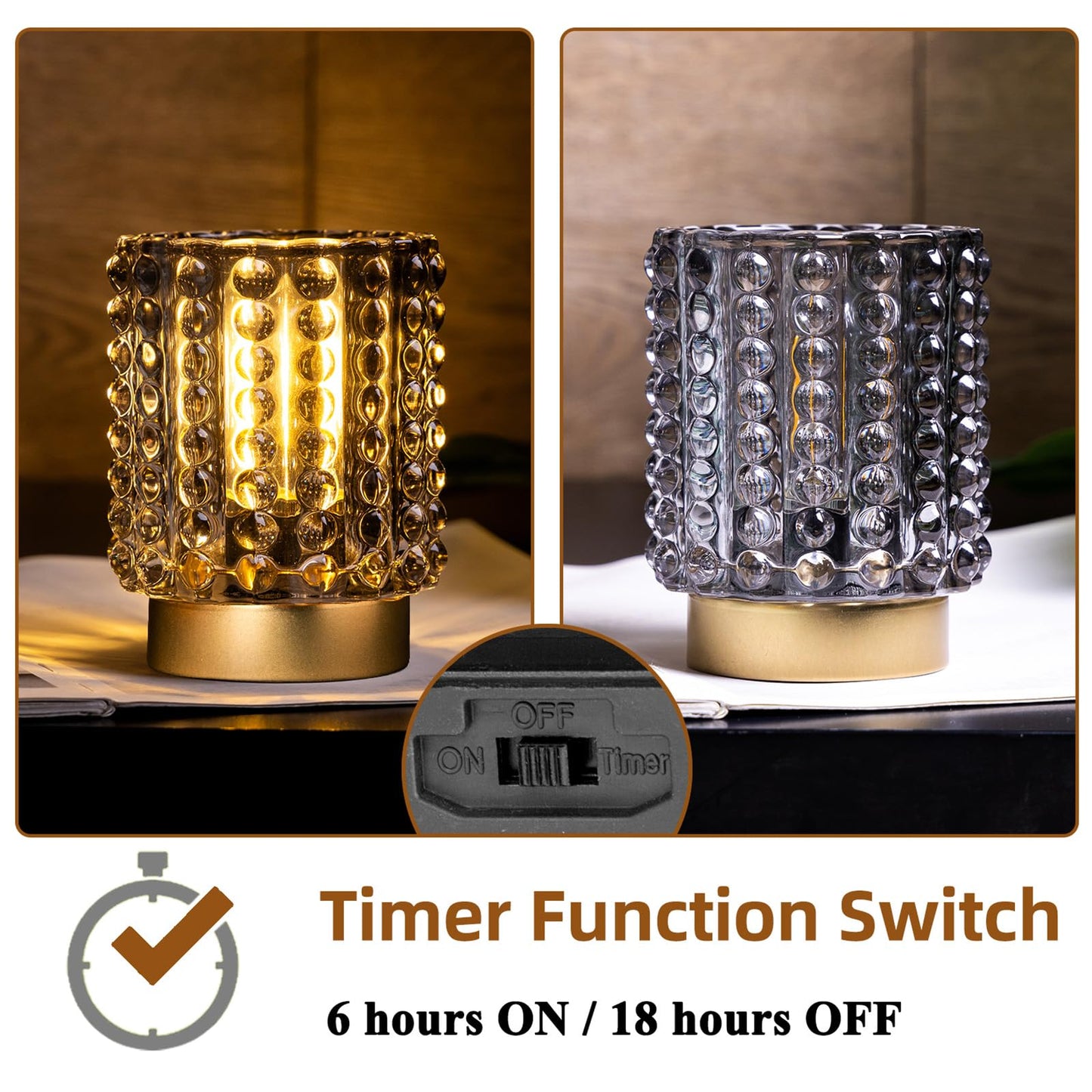 Battery Operated Lamp with Timer, Mini Crystal Table Lamps for Home Decor, Small Cordless Lamp for Areas No Outlets, Glass Battery Powered Lamps for Entryway, Bedroom, Bathroom, Shelf, Corner (2 Grey)