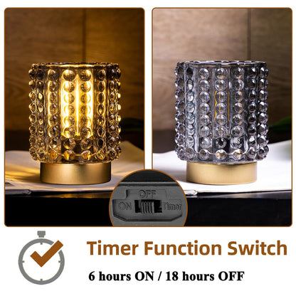 Battery Operated Lamp with Timer, Mini Crystal Table Lamps for Home Decor, Small Cordless Lamp for Areas No Outlets, Glass Battery Powered Lamps for Entryway, Bedroom, Bathroom, Shelf, Corner (2 Grey)