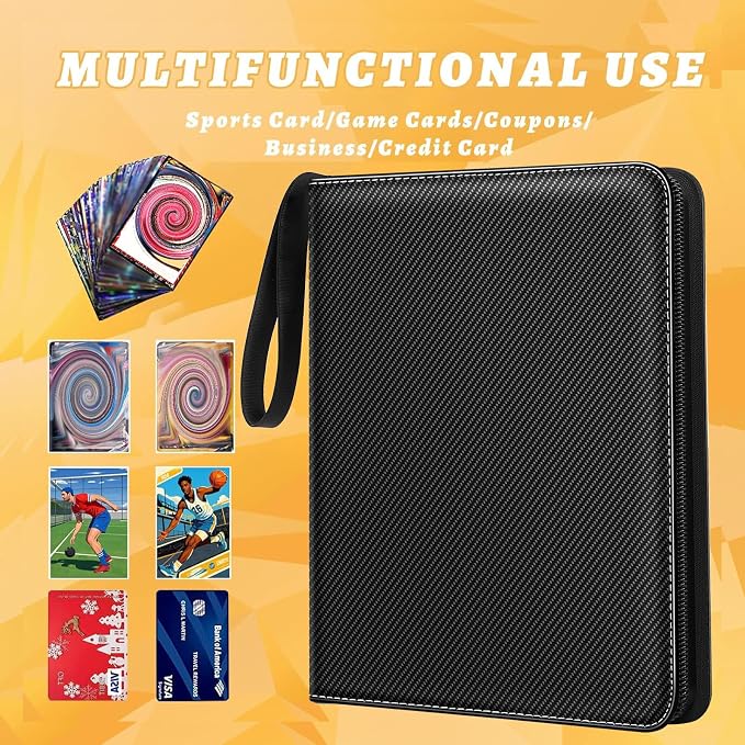 Jravkfi Card Binder 4 Pocket with 50 Removable Sleeves-Can Hold 400 Cards,3-Ring Zipper Sports Book, Ideal for All Card Collectors（Black）