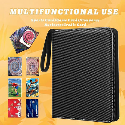 Jravkfi Card Binder 4 Pocket with 50 Removable Sleeves-Can Hold 400 Cards,3-Ring Zipper Sports Book, Ideal for All Card Collectors（Black）