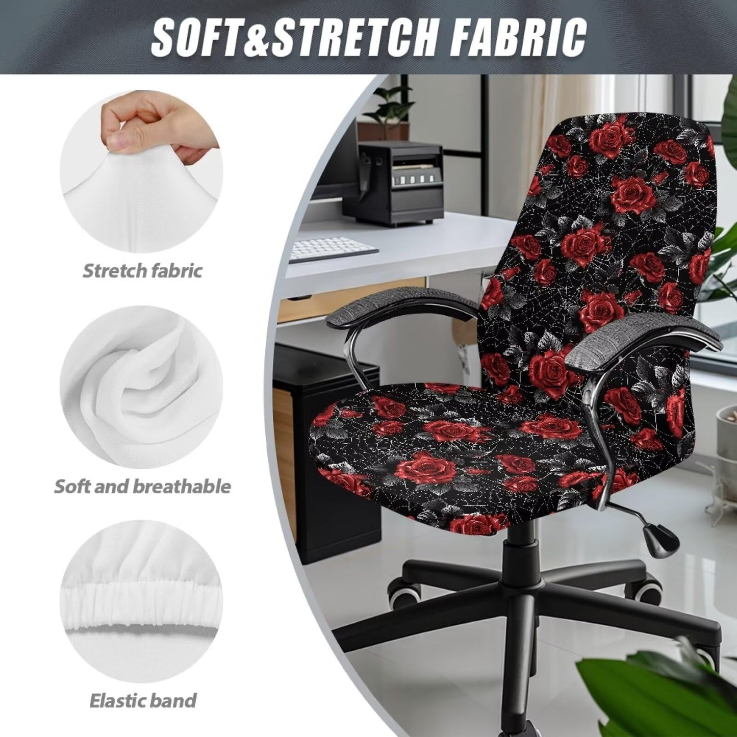 Talayituse Rose Spider Web Print Office Computer Chair Covers, Stretchable Rotating Chair Cover Halloween Decoration Removable Washable Rotating Chair Protective Slipcover, Large