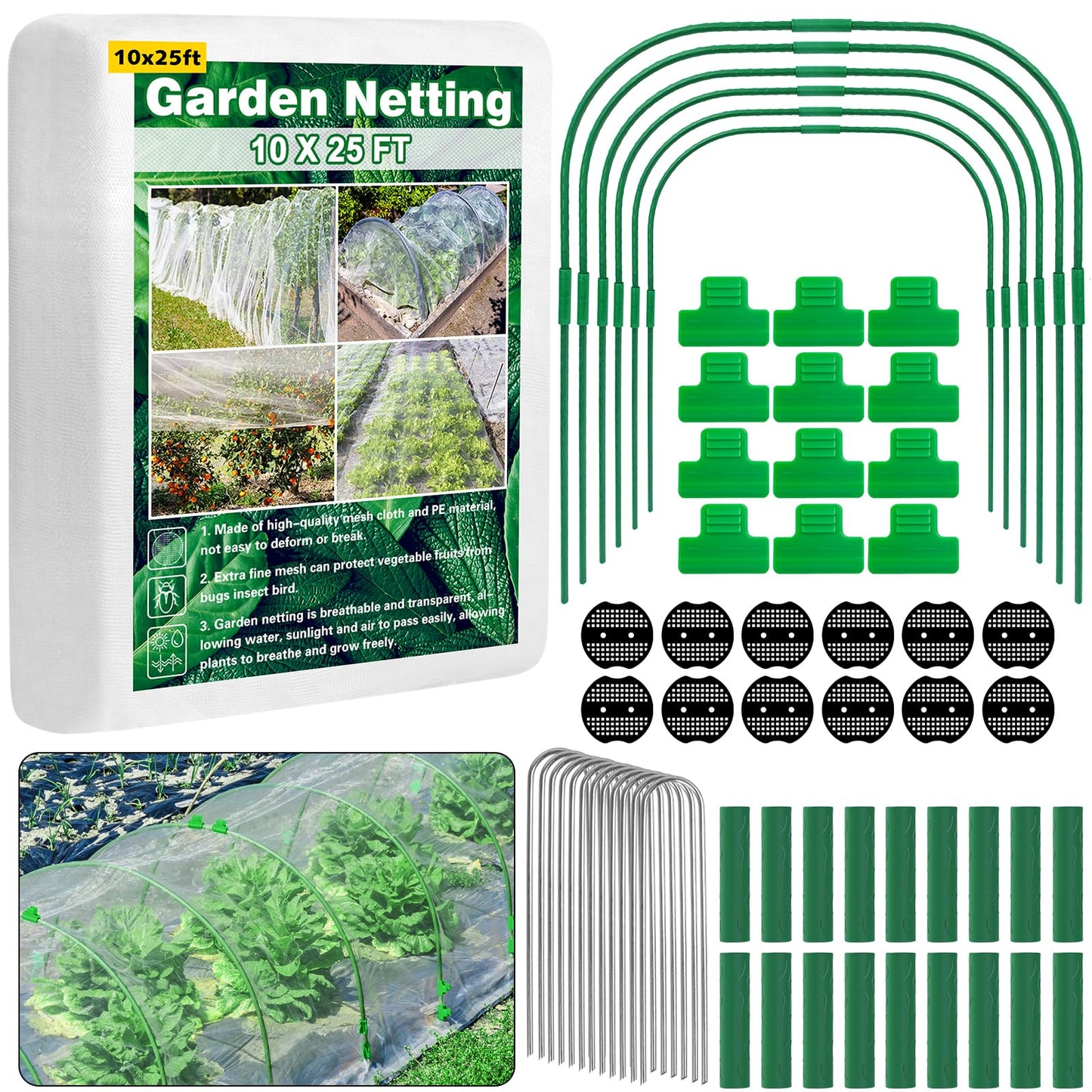 Unves 67 Pcs Garden Netting Kit, 10x25 Ft Ultra Mosquito Bird Netting with 6 Hoops & 12 Clips, Fruit Tree Netting for Patio Raised Beds Vegetable Flowers Protection Barrier Plant Covers Net