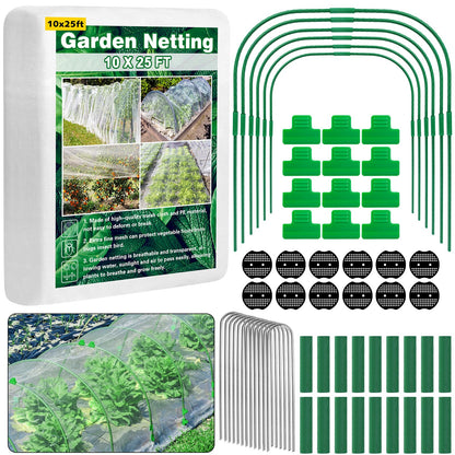 Unves 67 Pcs Garden Netting Kit, 10x25 Ft Ultra Mosquito Bird Netting with 6 Hoops & 12 Clips, Fruit Tree Netting for Patio Raised Beds Vegetable Flowers Protection Barrier Plant Covers Net
