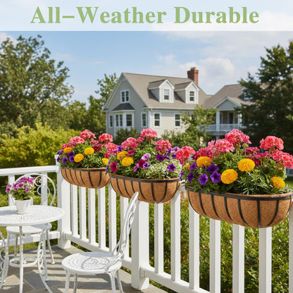 24 Inch Railing Planter Window Box Deck Balcony Rail Planter with Coco Liner Metal Wall-Mounted Coconut Liner Planter Basket English Horse Trough Planters for Outdoor Balcony Porch Fence (2 Pack)