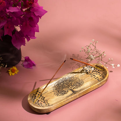 Incense Holder for Sticks Hand Carved - Tree of Life - Incense Burner/Ash Catcher- Handmade Wooden Insence Tray – Modern Gift Home/Room/Kitchen Décor 11x4x1.5 Inch