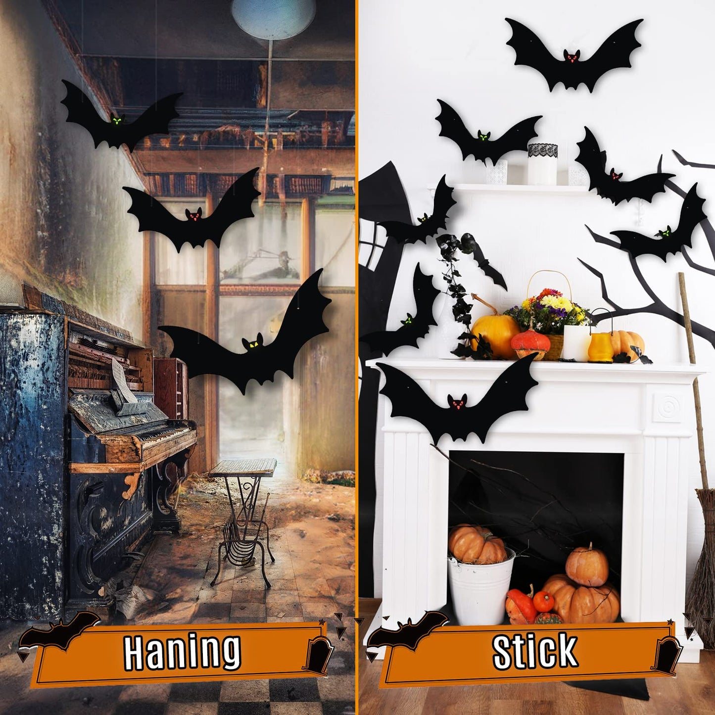 VERNILLA Hanging Bats Halloween Decorations 12pcs 3D Realistic Halloween Hanging Flying Bat with Glowing Eyes for Outdoor (3 Styles)