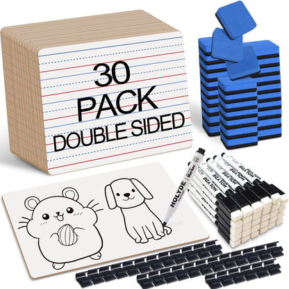 Set of 30 Dry Erase Boards, Double Sided Small Whiteboards with Lines for Kids, Students, Teacher & Classroom Pack, 9"x12" Mini Individual White Boards Lined for Writing with 30 Markers, 30 Erasers