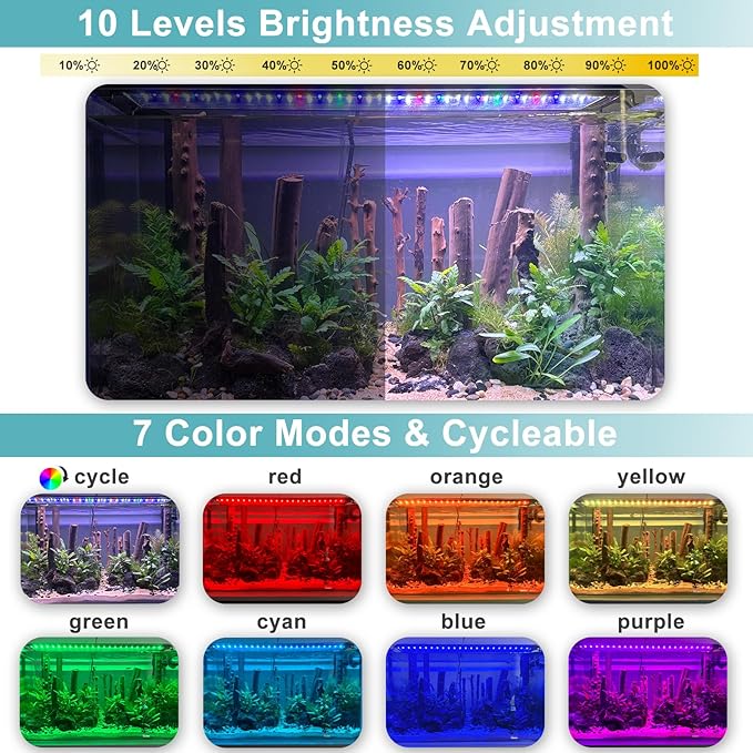 Auto On Off LED Aquarium Light, Full Spectrum Fish Tank Light with LCD Monitor, 24/7 Lighting Cycle, Adjustable Timer, 7 Colors, 10 Level Dimmable, IP68 Waterproof, 3 Modes for 12 to 18 Inch Fish Tank